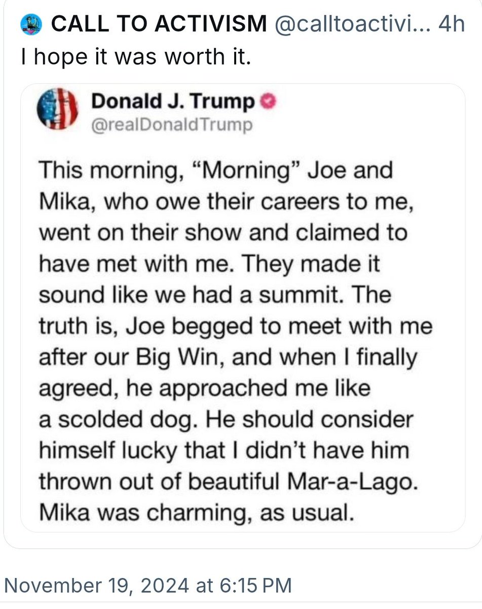 🚨 This should serve as a WARNING to anyone else in the media that's thinking about CRAWLING down to Mar-a-Lago and SELLING their SOUL to #DonaldTrump

cc <a href="/Morning_Joe/">Morning Joe</a> <a href="/MSNBC/">MSNBC</a>