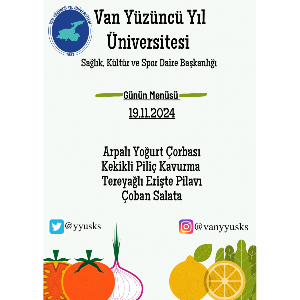 Günün Menüsü 

~Arpalı Yoğurt Çorbası 
~Kekikli Piliç Kavurma 
~Tereyağlı Erişte Pilavı
~Çaban Salata

Afiyet olsun.