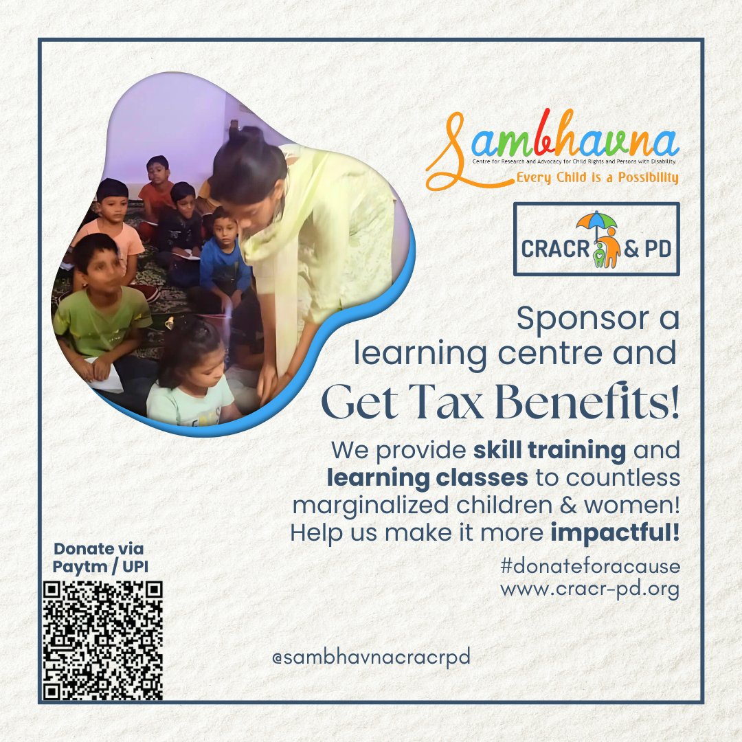 CracrP's tweet photo. #Invest in the future by sponsoring the
#SambhavnaLearningCentres and projects where we provide #skilltraining and #learning classes for many marginalized #women and #children.
Your contributions will not only enhance educational opportunities but also offer you #taxbenefits. https://t.co/Caq9YqTVDe