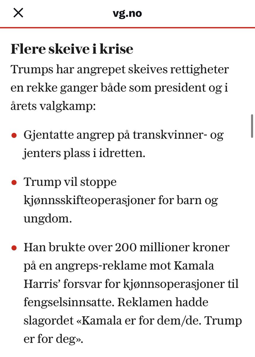 Hei <a href="/vgnett/">VG</a> 
- Transkvinner er menn og har derfor ingenting i kvinneidretten å gjøre. 
- Kjønnsskifteoperasjoner på barn og ungdom bør være forbudt.
- Kjønnsoperasjoner for fengselsinnsatte er ikke noe staten bør bruke penger på. 

Her tror jeg dere har bommet på hvem som er