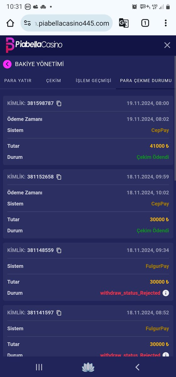 Kullanıcı adı daloaga
Çekim yöntemi payco
Çekim miktarı 41000
Çekim süresi 1 dk

x.com/piabellaturkiye