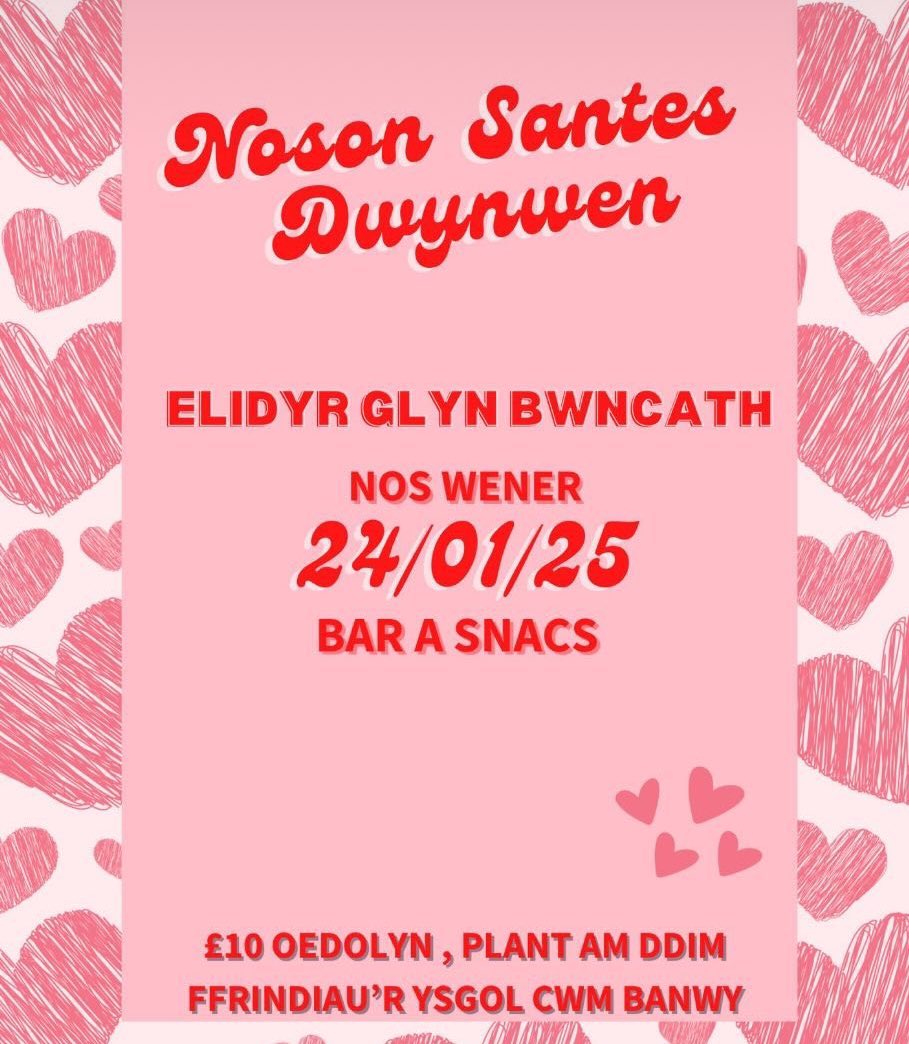 ❤️ Dathlu Noson Santes Dwynwen / Celebrating Dwynwen, the patron saint of love!

🎵Elidyr Glyn Bwncath
📍Neuadd Llanerfyl
📅 24.1.25
🍷Bar 
💵£10 a phlant am ddim