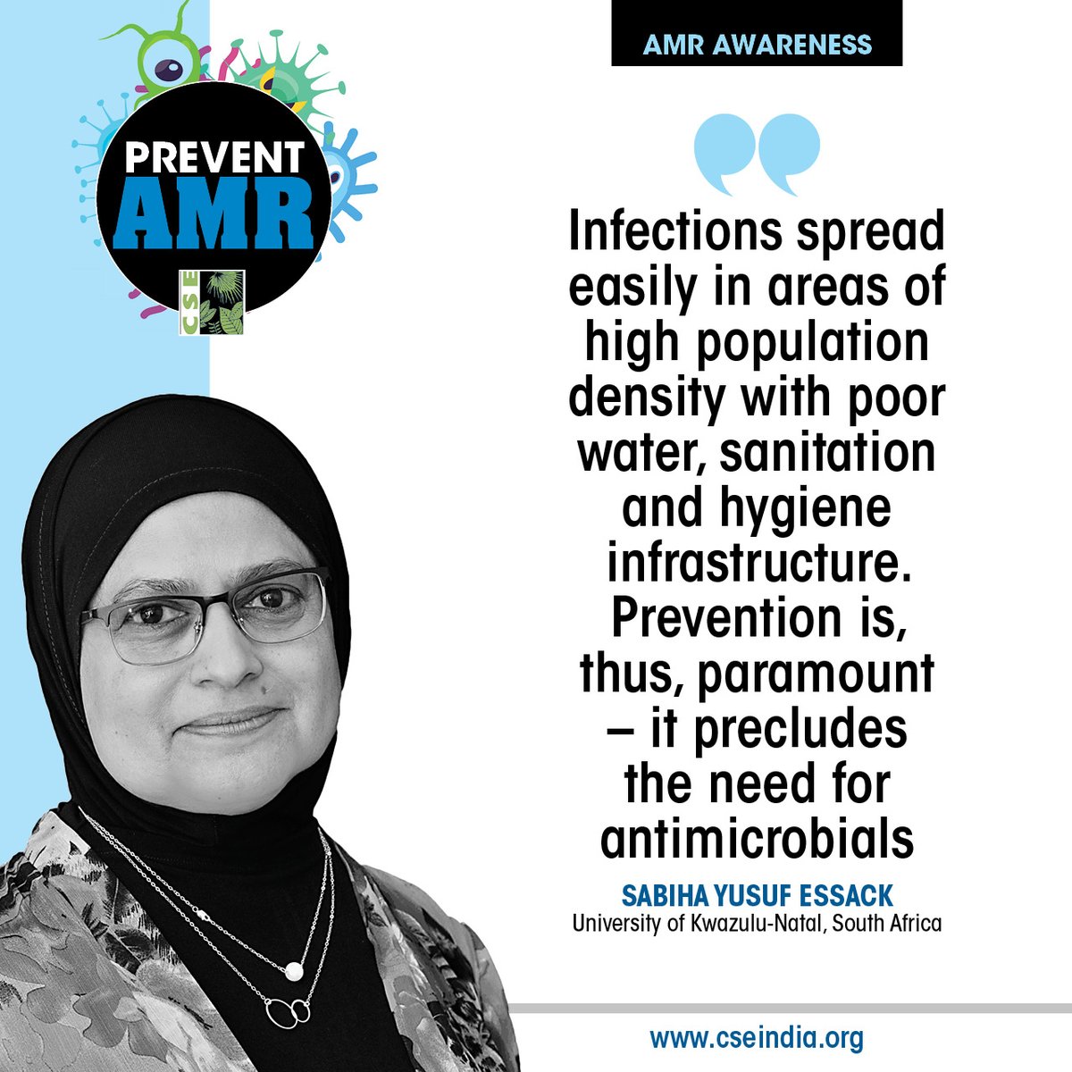 CSEINDIA (@cseindia) on Twitter photo <a href="/sunitanar/">Sunita Narain</a> <a href="/AMR_CSE/">AMR Team, CSE</a> <a href="/GLGAMR/">Global Leaders Group on AMR</a> <a href="/rajeshwari_s14/">Rajeshwari Sinha</a> <a href="/down2earthindia/">Down To Earth</a> <a href="/hindidown2earth/">Down To Earth Hindi</a> <a href="/GlobalAMRHub/">Global AMR Research & Development (R&D) Hub</a> <a href="/NeerajK10252648/">Neeraj Kumar</a> <a href="/AMUofficialPRO/">Aligarh Muslim University</a> As part of CSE's #WAAW2024 campaign #PreventAMR, weโve reached out to global experts and stakeholders to share their insights on combating Antimicrobial Resistance.
Check out Sabiha Yusuf Essack's (<a href="/EssackSabiha/">Sabiha Essack</a>) insightful message on preventing AMR. Each contributed their โAMR <a href="/sunitanar/">Sunita Narain</a> <a href="/AMR_CSE/">AMR Team, CSE</a> <a href="/GLGAMR/">Global Leaders Group on AMR</a> <a href="/rajeshwari_s14/">Rajeshwari Sinha</a> <a href="/down2earthindia/">Down To Earth</a> <a href="/hindidown2earth/">Down To Earth Hindi</a> <a href="/GlobalAMRHub/">Global AMR Research & Development (R&D) Hub</a> <a href="/NeerajK10252648/">Neeraj Kumar</a> <a href="/AMUofficialPRO/">Aligarh Muslim University</a> As part of CSE's #WAAW2024 campaign #PreventAMR, weโve reached out to global experts and stakeholders to share their insights on combating Antimicrobial Resistance.
Check out Sabiha Yusuf Essack's (<a href="/EssackSabiha/">Sabiha Essack</a>) insightful message on preventing AMR. Each contributed their โAMR