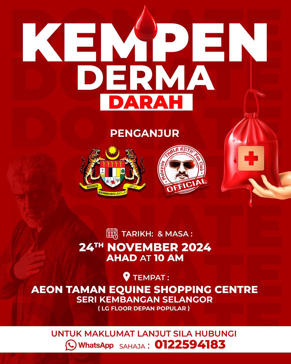 Malaysia Ajith Fan Club is making a difference with a blood donation drive! 💉 A noble cause that saves lives. We need more heroes like YOU to step up and donate. Every drop counts—let's come together and make an impact! ❤️ As the only fan club to organize such drives multiple