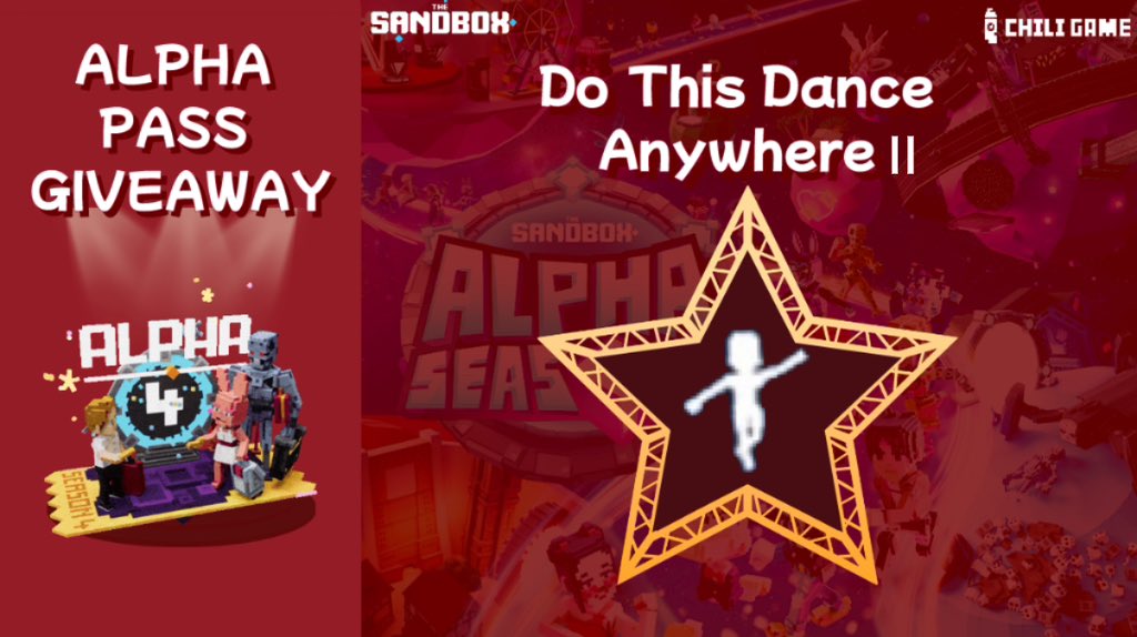 Chili Game (@chiligamestudio) on Twitter photo Hi Chili fams!
ALPHA PASS GIVEAWAY🌶️
Do This Dance Anywhere II
We’re giving away 1x Alpha Pass for <a href="/TheSandboxGame/">The Sandbox</a> Alpha Season 4!
How to Enter
1️⃣Do this dance move and take a screenshot
2️⃣Retweet this post
3️⃣Tag 3 friends in the comments
Good Luck!
<a href="/TheSandboxCH/">The Sandbox 中文專頁</a> Hi Chili fams!
ALPHA PASS GIVEAWAY🌶️
Do This Dance Anywhere II
We’re giving away 1x Alpha Pass for <a href="/TheSandboxGame/">The Sandbox</a> Alpha Season 4!
How to Enter
1️⃣Do this dance move and take a screenshot
2️⃣Retweet this post
3️⃣Tag 3 friends in the comments
Good Luck!
<a href="/TheSandboxCH/">The Sandbox 中文專頁</a>