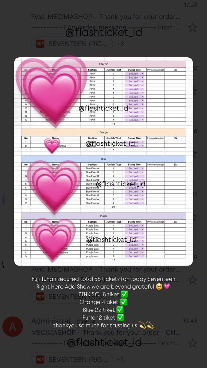 flashticket_id's tweet photo. Puji Tuhan secured 56 tickets in total for Seventeen Right Here Add Show in Jakarta kemaren π₯Ήππ
include 18 tickets PINK πππ
thankyou so so much udh percayain flash till the end π«π«
INGET YAAA GUYS PAKE MANTRA π BOO SEUNGKWAN π 3x HAHAHHA SEE U FEBUARI π«Άπ»
#FLASHTESTI https://t.co/ALYekA8X6Q