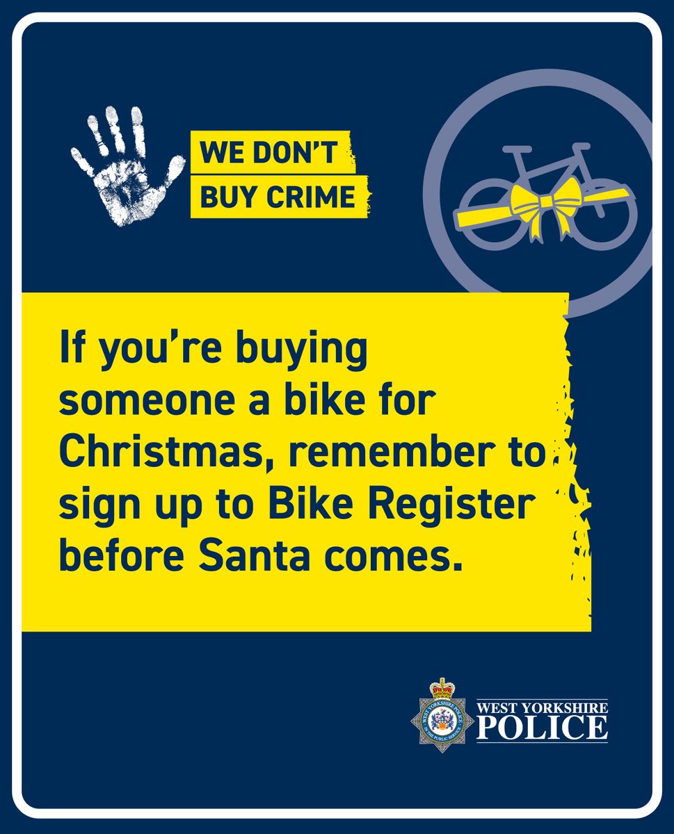 West Yorkshire Police - Leeds South (@wyp_leedssouth) on Twitter photo Working in partnership with <a href="/bikeregister/">BikeRegister</a>, UK police forces have been able to return countless stolen bikes to their rightful owners. Don't leave it till after Xmas, sign it up when you buy it. Working in partnership with <a href="/bikeregister/">BikeRegister</a>, UK police forces have been able to return countless stolen bikes to their rightful owners. Don't leave it till after Xmas, sign it up when you buy it.