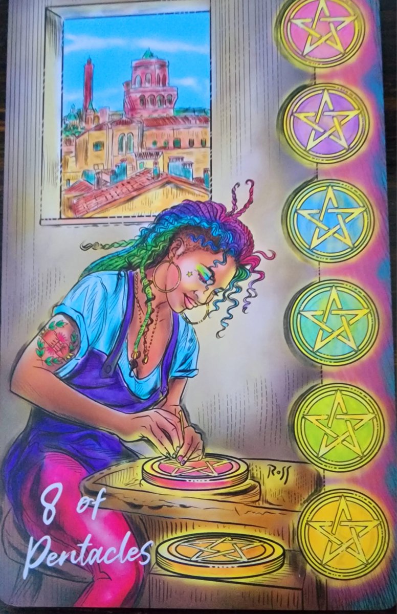 exfortuneteller's tweet image. #8ofPENTACLES  Literally its about "workin' your fingers to the bone." as your trade, your profession your skills you "hone."  Discipline is key to be the Master of your chosen field.  Only after hard labor, study, sacrifice can you truly be at the TOP of your game.