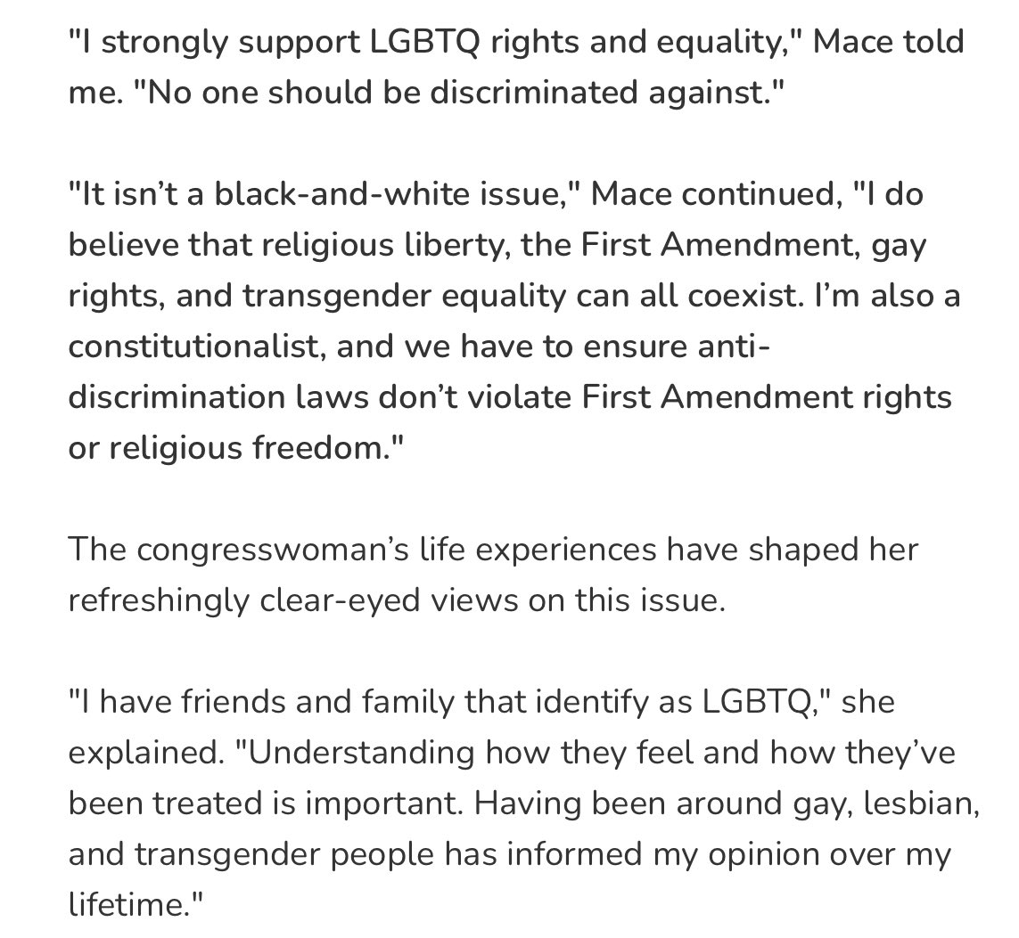 This is a shift for Mace, who in 2021 (before her district was redrawn to include more Republicans) supported a conservative Equality Act alternative. 

“I strongly support LGBTQ rights and equality,” she said then. 

mace.house.gov/media/in-the-n…