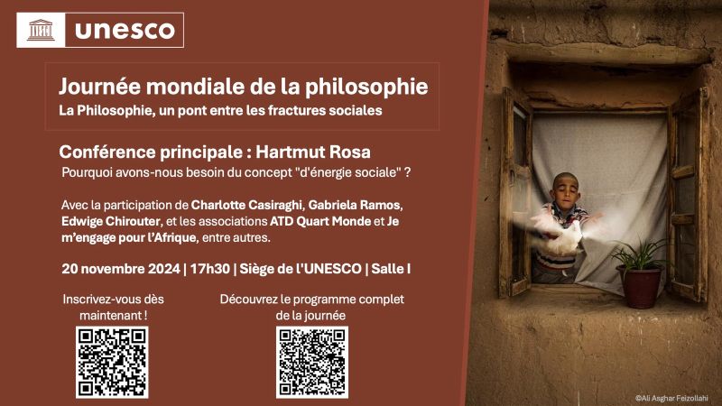 Mercredi 20/11/24 de 17h30 – 21h, Amina Zakhnouf, cofondatrice de <a href="/JMAfrique/">Je m'engage pour l'Afrique.</a> représentera l'association à la Journée Mondiale de la Philosophie organisée par l’UNESCO. 
Pour plus d'informations cliquez ici 👉 urlr.me/Dgked
