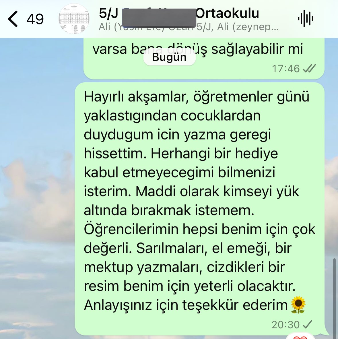 Bir öğretmenin, velilerin bulunduğu WhatsApp grubuna gönderdiği mesaj: