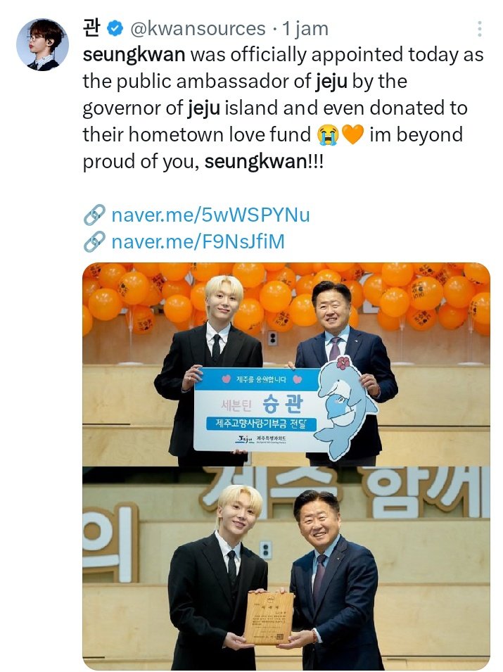 Nashuakuuu's tweet image. Seventeen in 2024 :

#JUN Tourism Ambasador of His Hometown Shezhen
#SEVENTEEN UNESCO Ambasador for Youth
#JOSHUA receives SEVENTEEN Certificate Appreciate from his Hometown LA 
#SEUNGKWAN Public Relation Ambasador of his Hometown Jeju 

I'm proud of my Boys 🫂