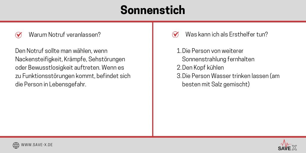 SAVE_X_GmbH's tweet photo. #erstehilfe #sonnenstich #hitze #kopfschmerzen #übelkeit #desorientierung #sehstörung #schwindel #notfall #hilflos #gesundheit #notruf #112 #save_x https://t.co/OwQZ4eUtG3
