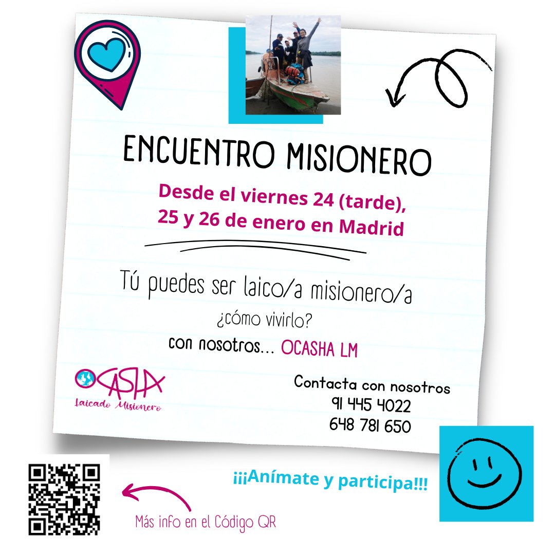 Tú puedes ser misionero o misionera ¡¡¡anímate y participa en el próximo Encuentro!!! Reserva agenda del 24 al 26 de enero y conócenos 🌍🌎🌏

#Misiones #Laicos