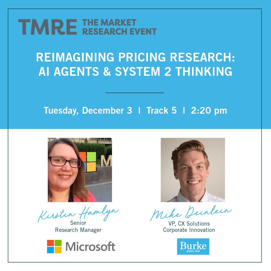 Transforming B2B Pricing with AI! ✨📈 
 
Join us next month at The Market Research Event to see how Microsoft and Burke, Inc. are leveraging Generative AI to engage more thoughtful pricing decisions.
 
#TMRE24 #System2Thinking #AI #MRX #Insights