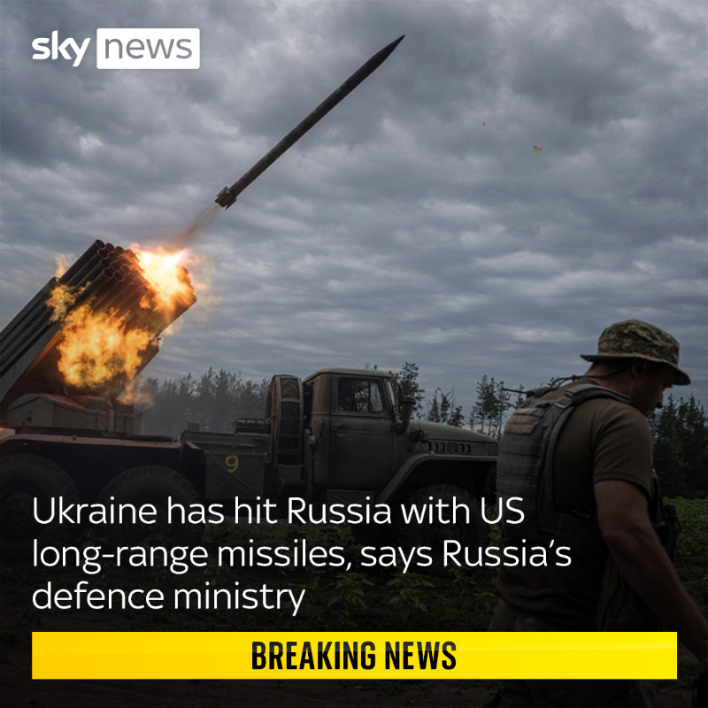 SkyNews's tweet photo. BREAKING: Russia's defence ministry says Ukraine has hit Russia with ATACMS missiles supplied by the US, Russian state media is reporting