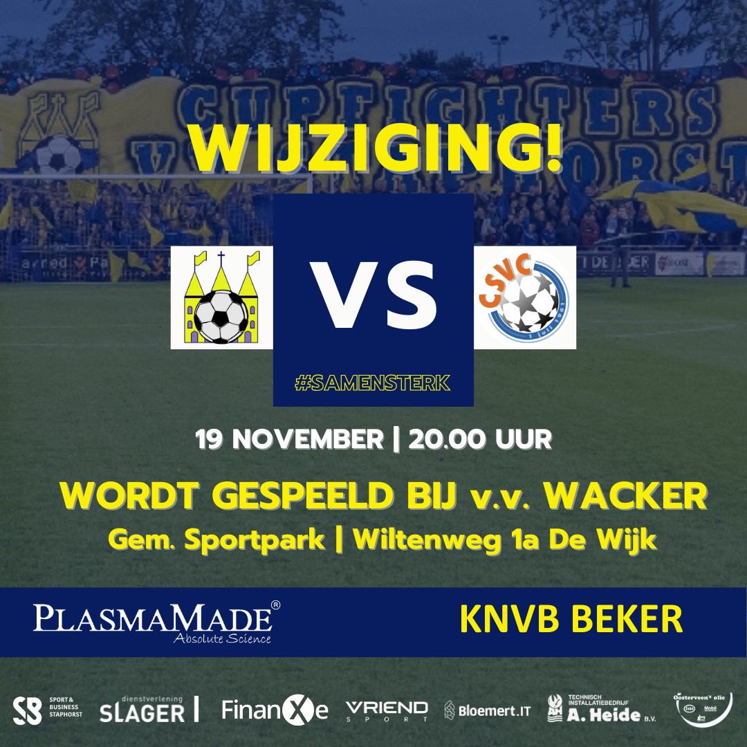 ⚠️ LET OP: ⚠️
De bekerwedstrijd van vanavond tussen <a href="/vvstaphorst/">vv Staphorst</a> - <a href="/CSVCcoevorden/">CSVC</a> voor de Districtsbeker wordt gespeeld bij <a href="/WackerDeWijk/">WackerDeWijk</a> 
De velden in Staphorst zijn door de regen onbespeelbaar.

Lees hier hier meer ⤵️
vvstaphorst.nl/511/67948/uits…