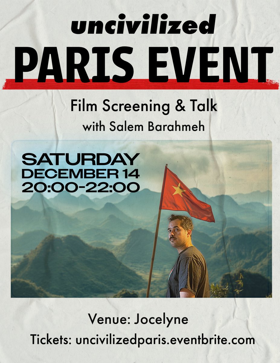 uncivilized media (@uncivilmedia) on Twitter photo uncivilized in Paris!
We are holding two film screenings and a talk with uncivilized co-founder Salem <a href="/Barahmeh/">Salem Barahmeh</a> in Paris, December 14 from 20:00-22:00 at the Jocelyne space.
One of the films will be a world premiere 🎥
There are limited tickets: uncivilizedparis.eventbrite.com uncivilized in Paris!
We are holding two film screenings and a talk with uncivilized co-founder Salem <a href="/Barahmeh/">Salem Barahmeh</a> in Paris, December 14 from 20:00-22:00 at the Jocelyne space.
One of the films will be a world premiere 🎥
There are limited tickets: uncivilizedparis.eventbrite.com