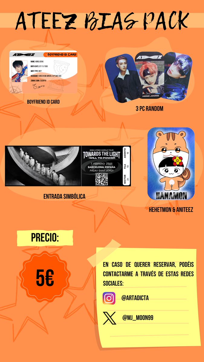 MJ_Moon99's tweet photo. Holii!✨ Estoy preparando unos bias pack para el concierto de Ateez en Barcelona, así que os dejo por aquí todo lo que incluye.💕
#ATEEZINBARCELONA @ateezbarcelona @ATINYs_Spain https://t.co/3wPfeG2PXf