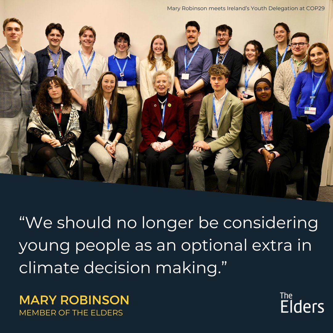 Mobilising the $1 trillion needed for #ClimateFinance requires all generations working together.

Mary Robinson kicks off her visit at #COP29 meeting with young Irish climate activists. #StandforParis
