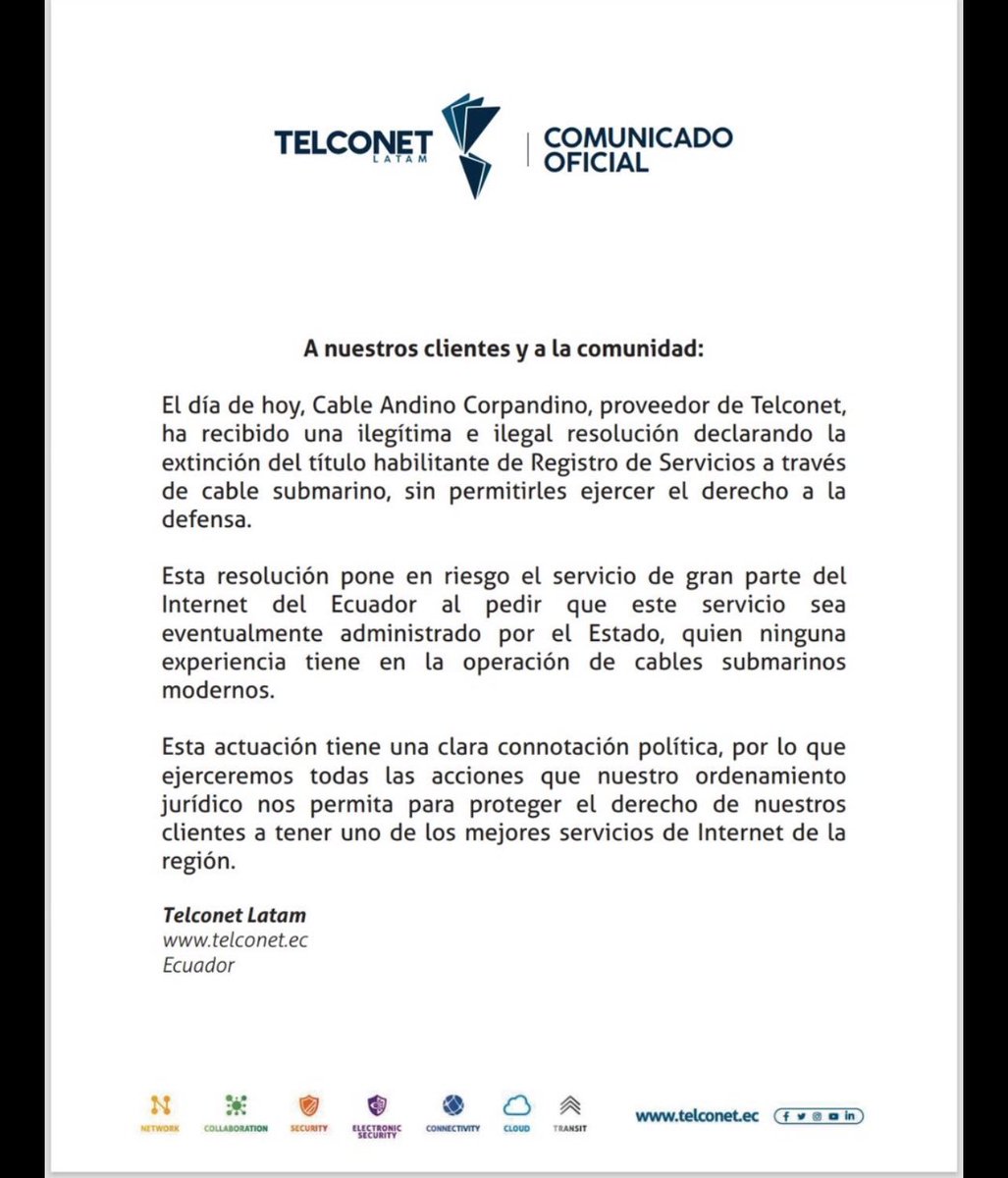 pjfreile's tweet photo. ¡ECUADOR POR CONVERTIRSE EN VENEZUELA! ¡El GOBIERNO QUE CONFISCA a una empresa privada, ATACANDO LA LIBERTAD DE EMPRESA y poniendo en riesgo el Internet RIESGO EL INTERNET de millones de ecuatorianos, no es un gobierno democrático, ES UNA DICTADURA! Esto no es democracia, es abuso de poder.  ¡Defendamos nuestra libertad! @jantopicecuador #NoALaConfiscación #EcuadorLibre