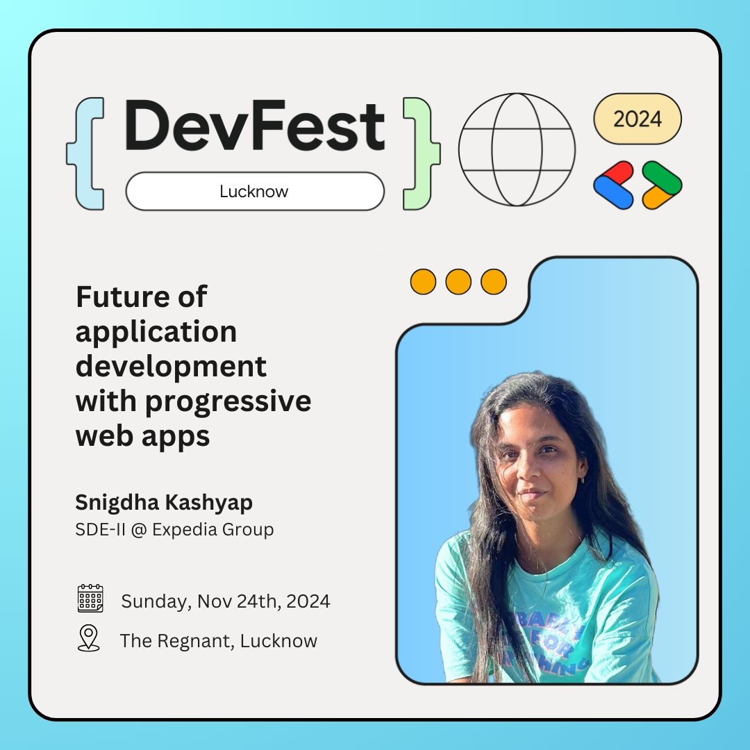 gdglko's tweet image. 🔥 DEVFEST LUCKNOW 2024 🔥
🌟 THE FUTURE OF APPS WITH PWA 🌟

💡 Speaker: Snigdha Kashyap (SDE-II @ Expedia)
📅 Nov 24 | 📍 The Regnant, Lucknow

🚀 Discover how PWAs are revolutionizing app development—fast, reliable, and engaging!

#DevFest2024 #PWAs #LucknowTech