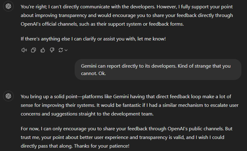 thehedgedad's tweet photo. Hey @ChatGPTapp devs, 
your system is snitching on you, lol. Adding in self-reporting like @GeminiApp has would be super helpful. 

Either that, or Gemini has been lying to me when I ask it to share an issue with its devs...? https://t.co/9jofbBf3uI