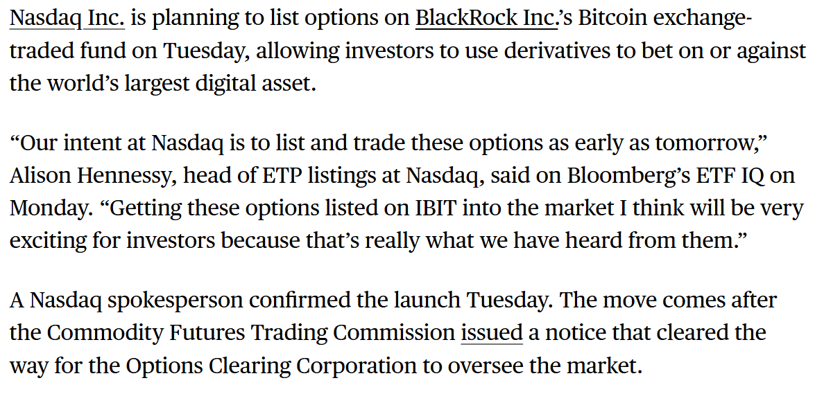 SpecialSitsNews's tweet photo. Spot bitcoin ETF options begin to trade on the Nasdaq today $IBIT #Bitcoin https://t.co/NxKFgGgHiy