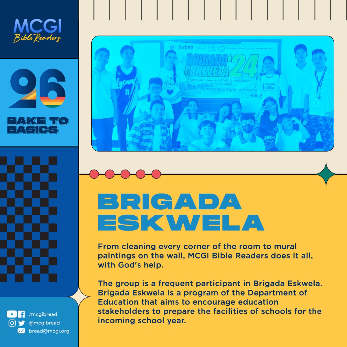 mcgibread's tweet photo. (1/2) Only 20 days left! Armed with brooms and a heart full of faith, MCGI Bible Readers are ready to serve!

#BREADThankfulat26
#MCGIBibleReadersat26
#Baketobasics https://t.co/wUOi2mMV8w