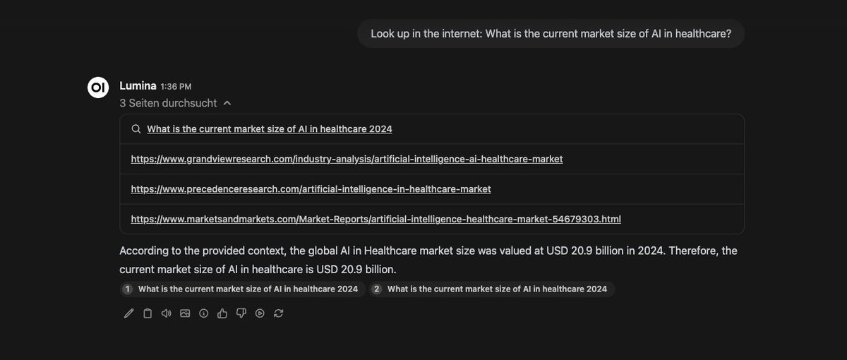 Steff81's tweet image. I can do the same with real open source #ollama and #openWebUi with websearch. So what is the point here?

Only searched the first 3 result so, as i can limit how many urls he should take for the answer...