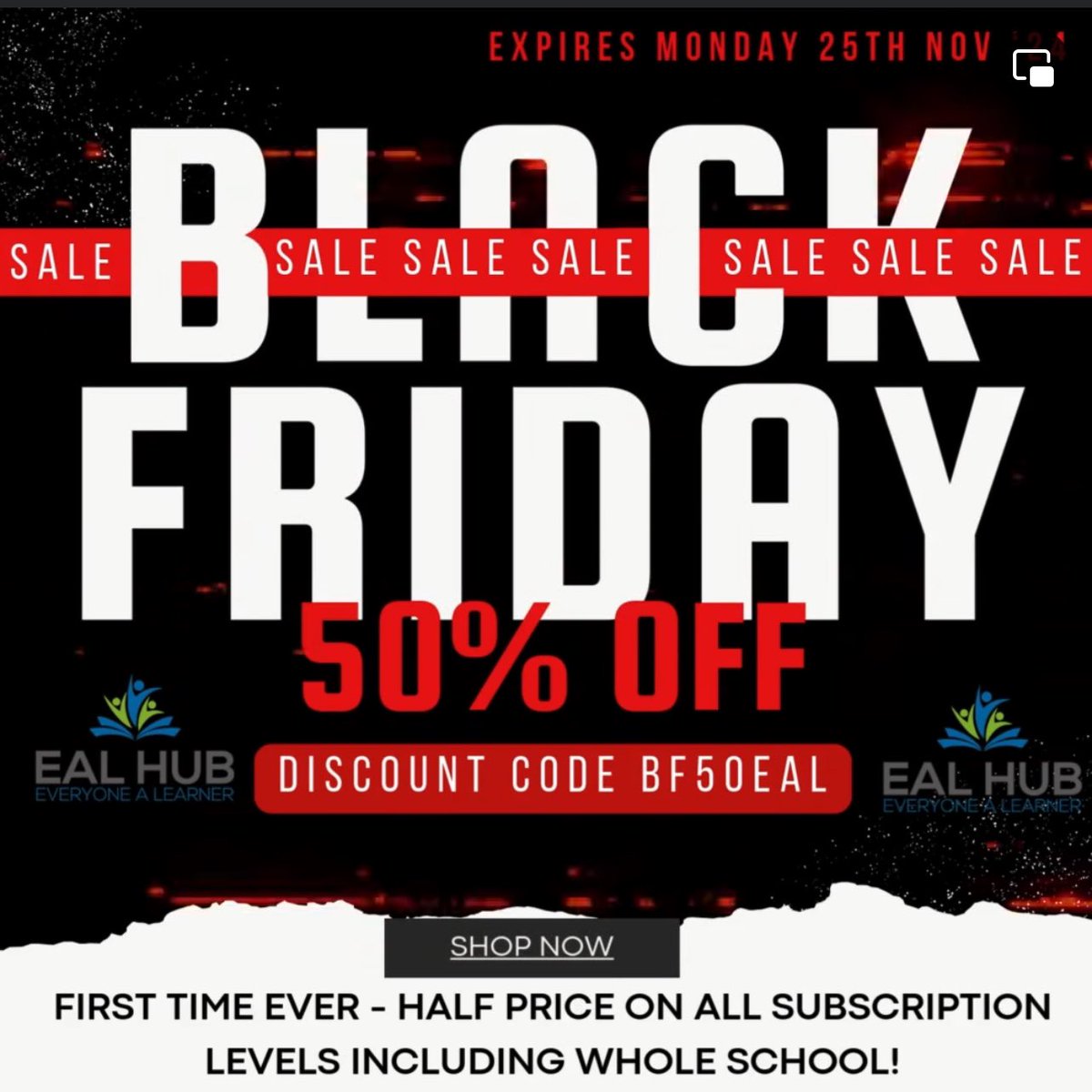 First time ever - 50% off ALL subscription levels for EAL HUB - makes whole school subscriptions start at just £64.50 and individual licences £14.50 for 12 months!!

ealhub.co.uk/subscribe - sign up via card and use the discount code BF50EAL, or via invoice and include the