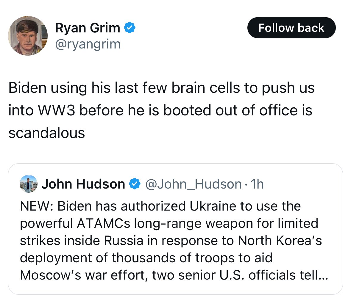 UkraineDiaspora's tweet photo. Russia deploying thousands of troops from North Korea: not WW3

Ukraine defending itself: WW3 🤷‍♀️ https://t.co/oGRdJQvP29