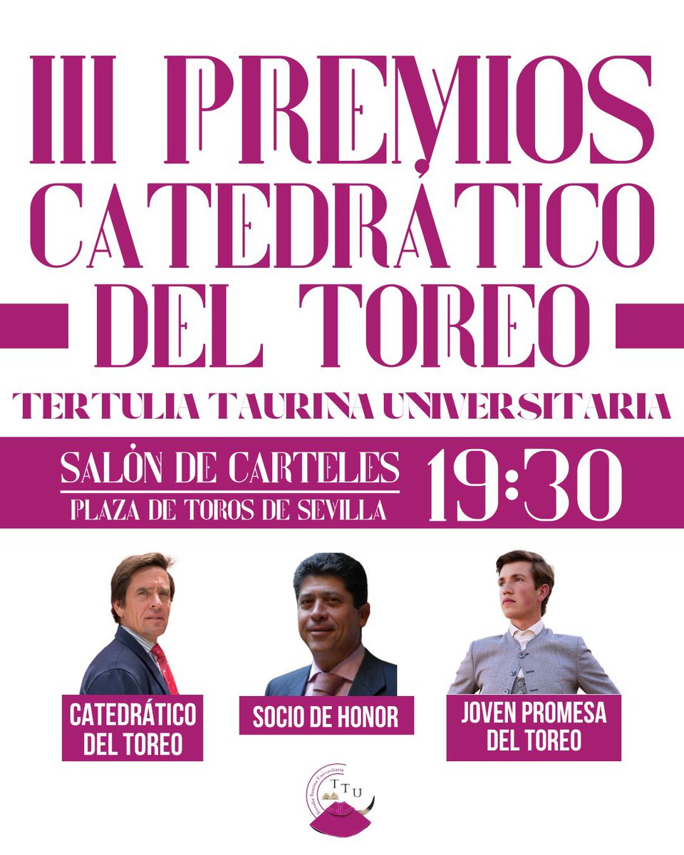🔴HOY

ℹ️La Tertulia Taurina Universitaria entrega los III Premios ‘Catedrático del toreo’.

📍19:30 | Salón de Carteles, Plaza de Toros de Sevilla.