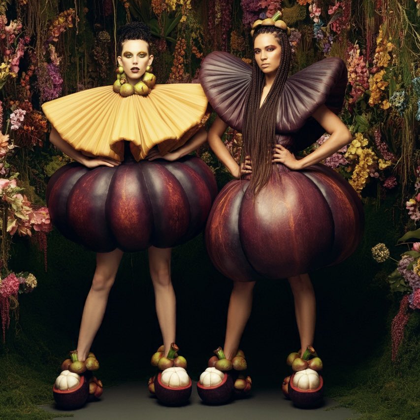 g__e___e's tweet photo. women, clothes that  look like a  mangosteen, shoes that look like mangosteen, the background is colorful flower jungle
#ImageFX #ai #aiart #art #food #aifashion #aiwork #foodfashion #fashionfood #foodart #mangosteen #マンゴスチン https://t.co/jjPe1OErw3