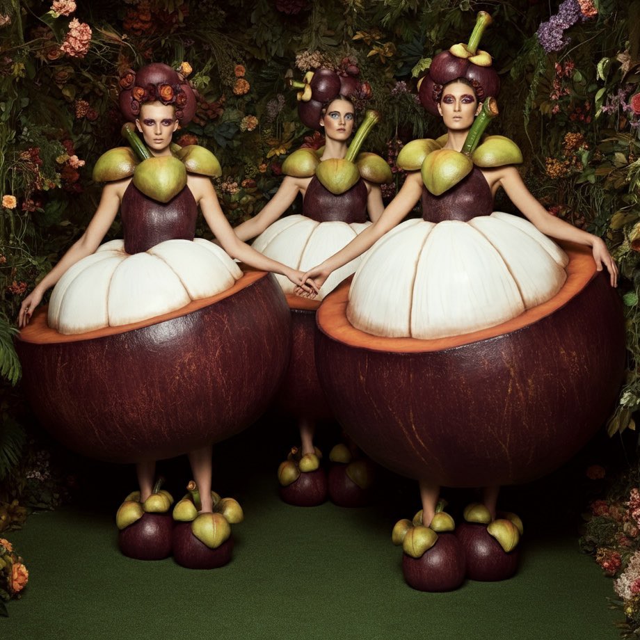 g__e___e's tweet photo. women, clothes that  look like a  mangosteen, shoes that look like mangosteen, the background is colorful flower jungle
#ImageFX #ai #aiart #art #food #aifashion #aiwork #foodfashion #fashionfood #foodart #mangosteen #マンゴスチン https://t.co/jjPe1OErw3