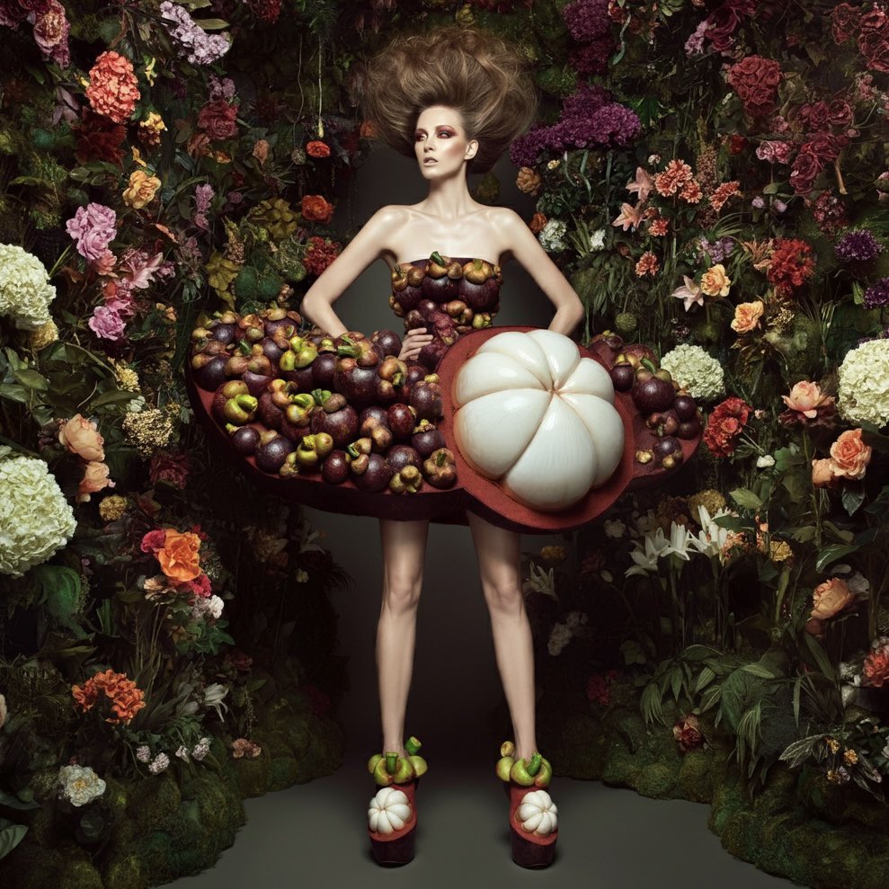 g__e___e's tweet photo. women, clothes that  look like a  mangosteen, shoes that look like mangosteen, the background is colorful flower jungle
#ImageFX #ai #aiart #art #food #aifashion #aiwork #foodfashion #fashionfood #foodart #mangosteen #マンゴスチン https://t.co/w7W6hXrGGF