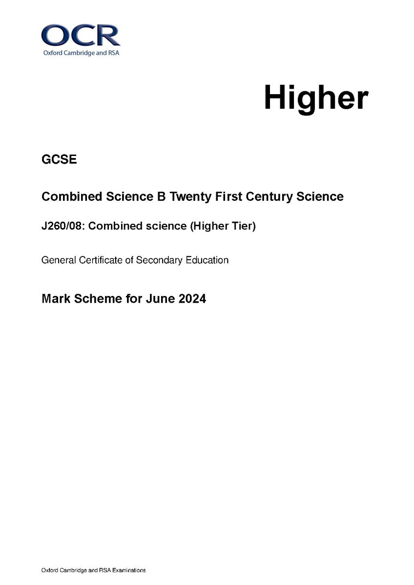 AStephensadriel's tweet image. hackedexams.com/item/30268/ocr…
OCR GCSE Combined Science B Twenty First Century Science Mark Scheme 2024 J260 08 Combined Science Higher Tier
#ocrgcsecombinedsciencemarkschemepaper8 #hackedexams #combinedscience