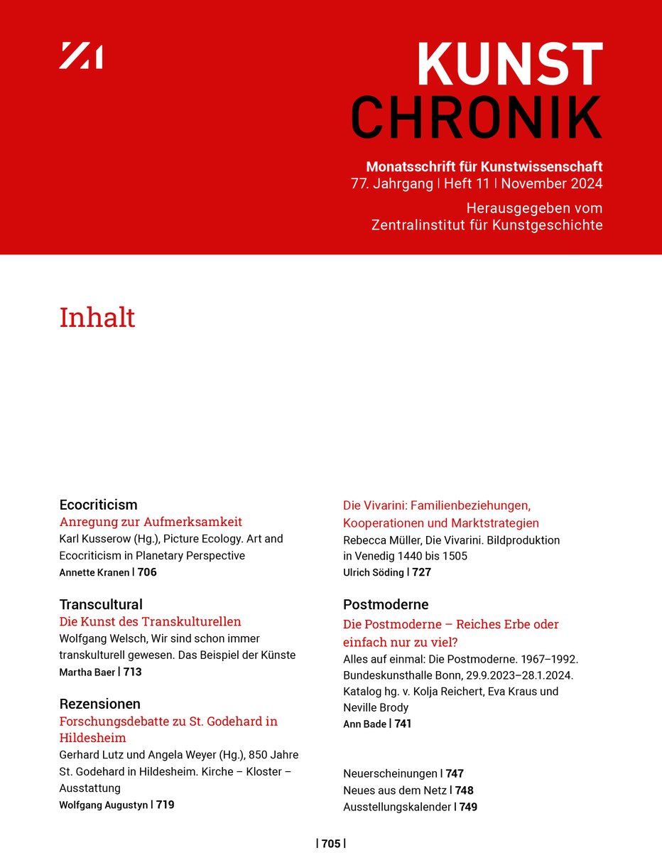 NEUNEUNEU: Ausgabe 11/2024 der #Kunstchronik im #OpenAccess 
👉journals.ub.uni-heidelberg.de/index.php/kchr…
Die November-Ausgabe beschäftigt sich mit St. Godehard in Hildesheim sowie mit der höchst talentierten Familie Vivarini und unterzieht den Ecocriticism, ...