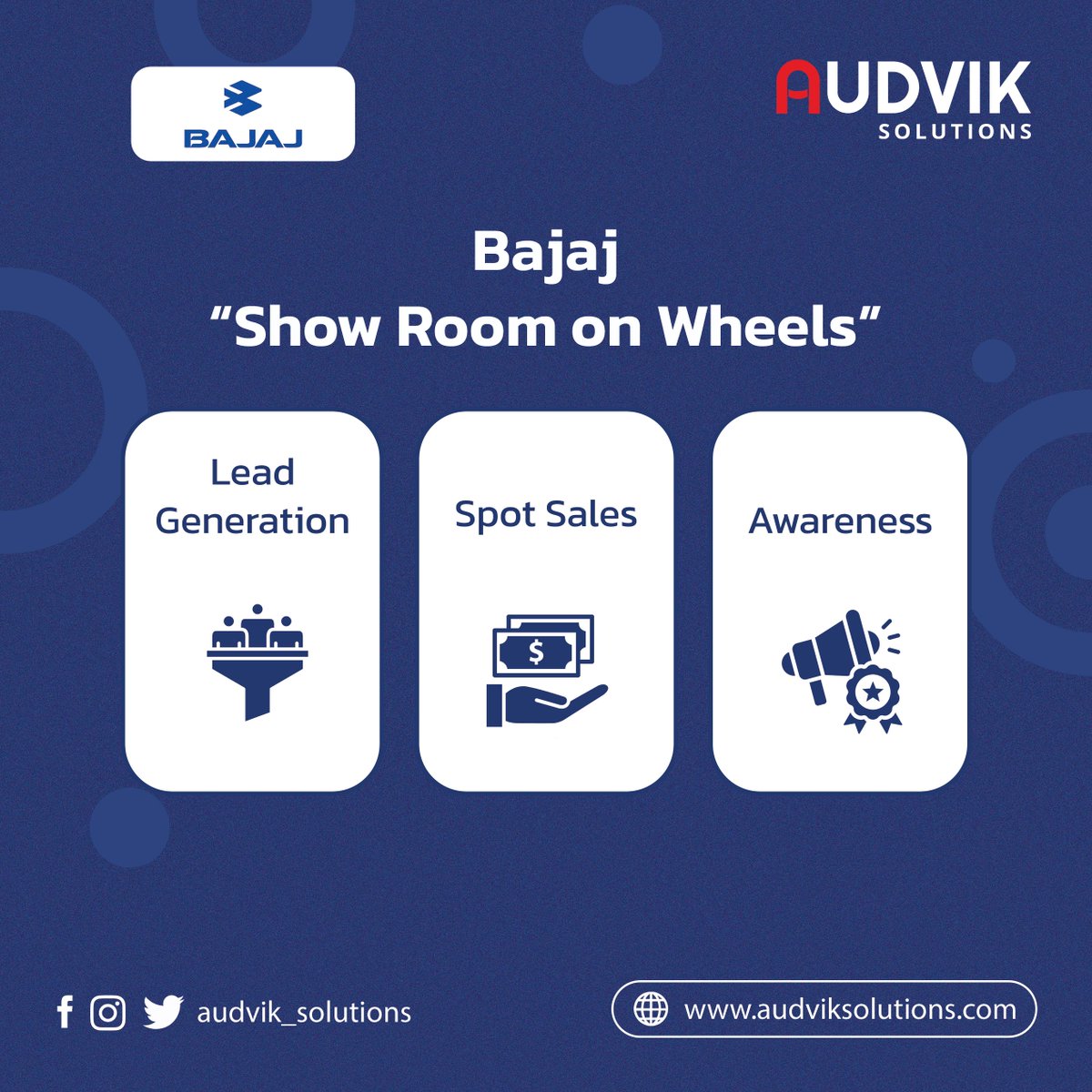 audvik_sol's tweet photo. Audvik_solutions - Experience the innovation of Bajaj on Wheels by Audvik Solutions! A unique mobile activation campaign bringing Bajaj's latest vehicles and sales done directly to customers.
#BajajOnWheels #AudvikSolutions  #InnovationOnWheels #CustomerEngagement #BTLMarketing https://t.co/8e7xdeo4yp