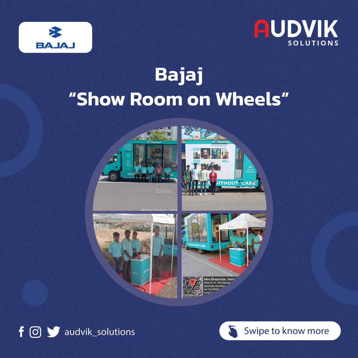 audvik_sol's tweet photo. Audvik_solutions - Experience the innovation of Bajaj on Wheels by Audvik Solutions! A unique mobile activation campaign bringing Bajaj's latest vehicles and sales done directly to customers.
#BajajOnWheels #AudvikSolutions  #InnovationOnWheels #CustomerEngagement #BTLMarketing https://t.co/8e7xdeo4yp
