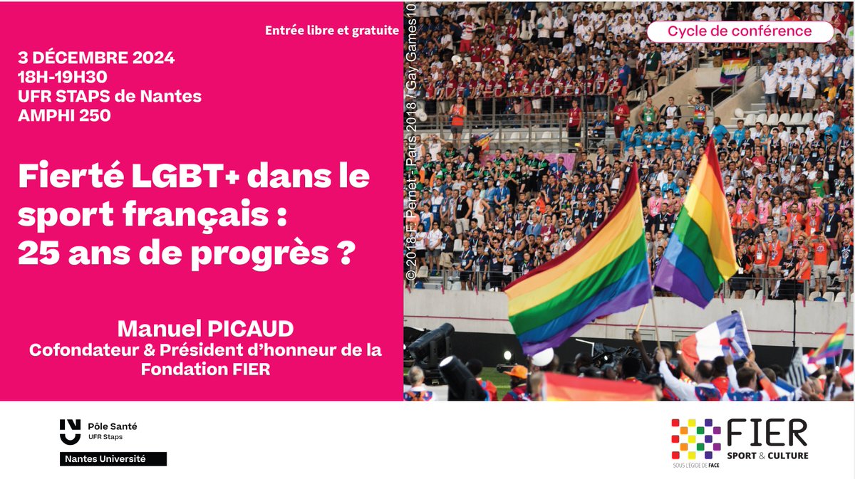 🎤 Notre président d'honneur <a href="/ManuelPicaud/">Manuel Picaud</a> viendra partager son expertise et échanger sur les enjeux de diversité et d’inclusion dans le sport.

📅 Date : 3 décembre 2024 - 18h à 19h30
📍 Lieu : AMPHI 250 - UFR STAPS de Nantes
💡 Entrée libre et gratuite

#staps #nantes #LGBTQ