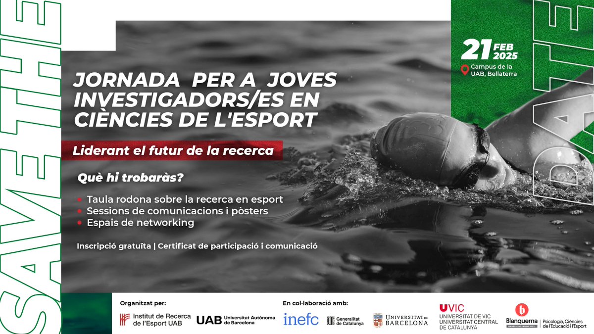 📢 Participa en la Jornada per a Joves Investigadors/es en Ciències de l’Esport 2025!

 🗓️21 de febrer de 2025
 📍Campus UAB

👉Enviament de propostes fins al 20/12/2024  
🆓Inscripció gratuïta

Més info: t.ly/Kp0Yr

No et perdis aquest espai de #recerca en #esport.