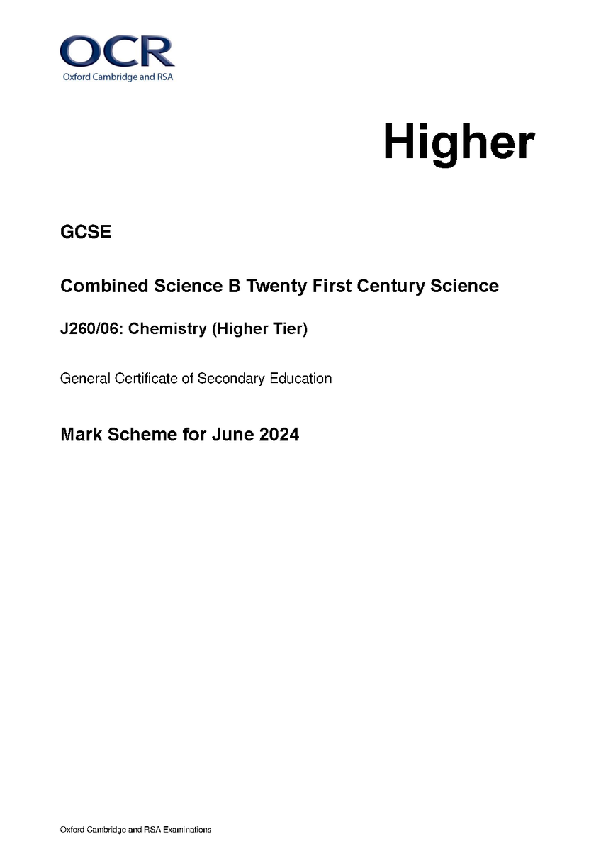 AStephensadriel's tweet image. hackedexams.com/item/30262/ocr…
OCR GCSE Combined Science B Twenty First Century Science Mark Scheme 2024 J260 06 Chemistry Higher Tier
#ocrgcsecombinedsciencemarkshemepaper6 #combinedsciencemarkshemepaper6 #combinedscience #hackedexams