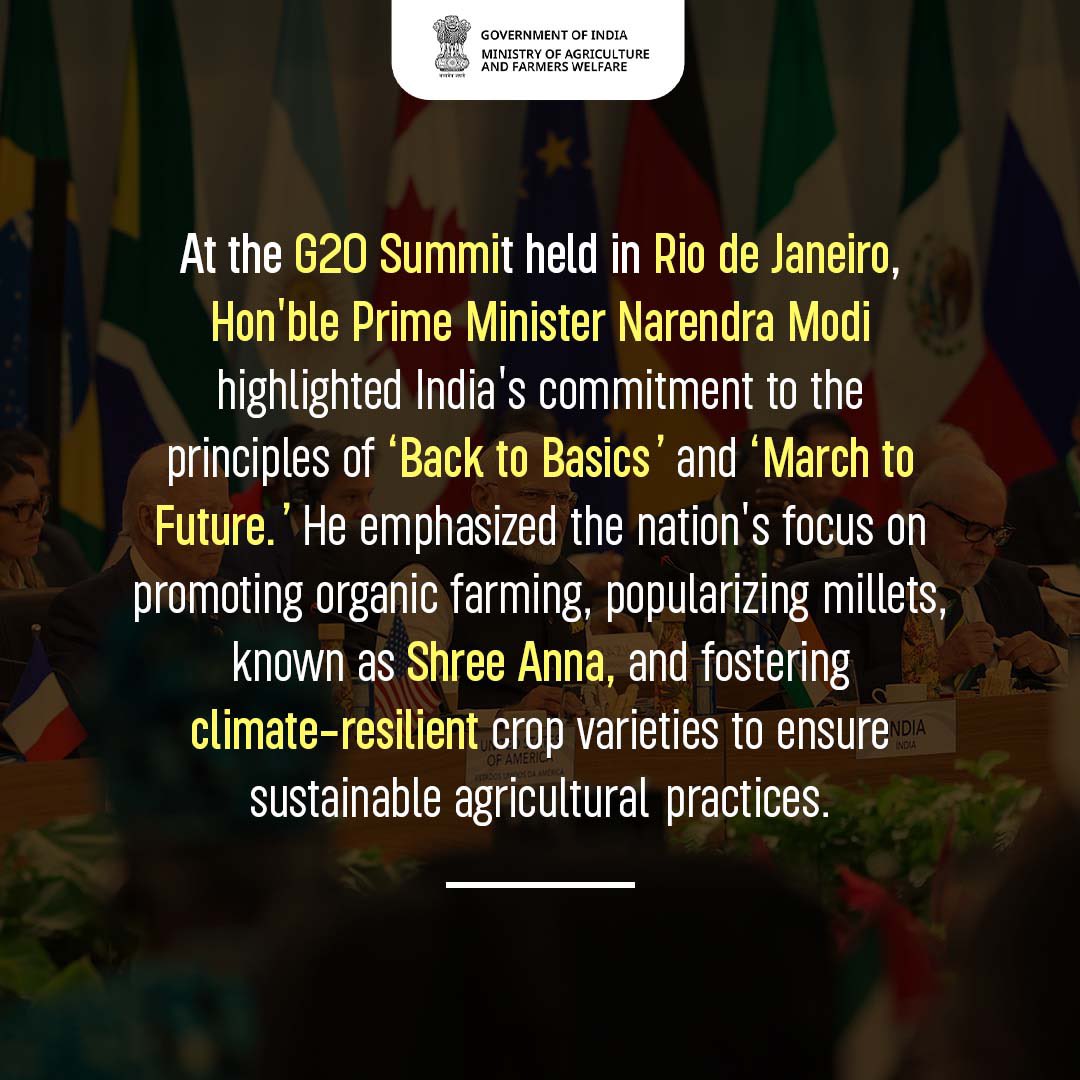 Hon'ble Prime Minister <a href="/narendramodi/">Narendra Modi</a> at the <a href="/g20org/">G20 United States</a> emphasized India’s approach of ‘Back to Basics’ and ‘March to Future’ while highlighting India’s focus on organic farming, popularising millets and encouraging climate resilient crop varieties.#IYM2023 #ShreeAnna #G20Brasil2024