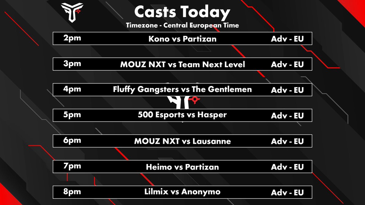 Trottah (@trottahcs) on Twitter photo Banger day of casting ESEA! 😎
📺 Twitch.tv/Trottah
<a href="/konoecf/">kONO.ECF</a> vs #Partizan
<a href="/mousesports/">MOUZ</a> NXT vs #TeamNextLevel
#FluffyGangsters vs #TheGentlemenEsports
<a href="/500esports/">500</a> vs <a href="/HaspersTM/">Haspers (LFO)</a>
<a href="/mousesports/">MOUZ</a> NXT vs <a href="/lausanneesports/">eLS | Lausanne-Sport Esports</a>
<a href="/HeimoEsports/">Heimo Esports</a> vs #Partizan
<a href="/Lilmixgg/">Lilmix Esports</a> vs <a href="/AnonymoEsports/">Anonymo Esports</a> Banger day of casting ESEA! 😎
📺 Twitch.tv/Trottah
<a href="/konoecf/">kONO.ECF</a> vs #Partizan
<a href="/mousesports/">MOUZ</a> NXT vs #TeamNextLevel
#FluffyGangsters vs #TheGentlemenEsports
<a href="/500esports/">500</a> vs <a href="/HaspersTM/">Haspers (LFO)</a>
<a href="/mousesports/">MOUZ</a> NXT vs <a href="/lausanneesports/">eLS | Lausanne-Sport Esports</a>
<a href="/HeimoEsports/">Heimo Esports</a> vs #Partizan
<a href="/Lilmixgg/">Lilmix Esports</a> vs <a href="/AnonymoEsports/">Anonymo Esports</a>