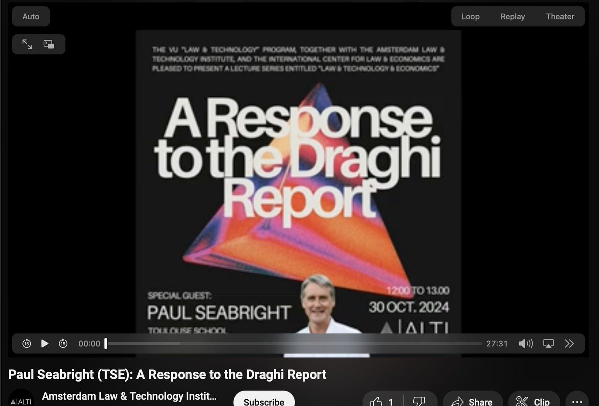 Thibault Schrepel (@profschrepel) on Twitter photo Many of you have requested the recording of Paul Seabright’s (<a href="/TSEinfo/">TSE</a>) <a href="/alti_VU/">Amsterdam Law & Technology Institute | ALTI</a> talk on the Draghi Report. Here it is. Much of the discussion around the report so far has revolved around people interpreting it as supporting their own worldview. Paul takes a different, more Many of you have requested the recording of Paul Seabright’s (<a href="/TSEinfo/">TSE</a>) <a href="/alti_VU/">Amsterdam Law & Technology Institute | ALTI</a> talk on the Draghi Report. Here it is. Much of the discussion around the report so far has revolved around people interpreting it as supporting their own worldview. Paul takes a different, more