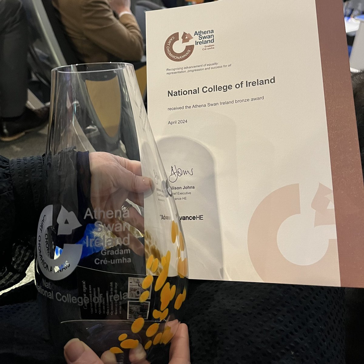 NCIRL's tweet photo. Professor @ginaquin and EDI Manager @deirdreroisin collecting NCI’s @AdvanceHE #AthenaSwan Bronze award at today’s national celebration @tcddublin https://t.co/ccP3yJvlPq