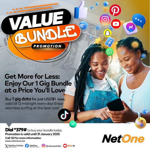 NetOneCellular's tweet image. Our #ValueBundle offers unbeatable value for your money. Stay connected, browse, stream, and enjoy your favorite content seamlessly! 🌐✨ Get 1GB of data for just $1 (valid until midnight).

📲 How to Subscribe: Dial *379# to activate now!
#NetOne #YourDigitalSolutionsNetwork