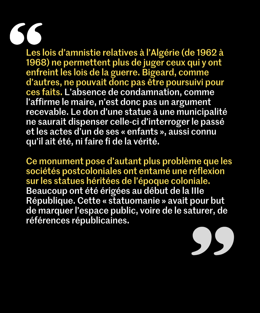 Fin octobre, une statue du général Marcel Bigeard, accusé d’avoir pratiqué la torture en Algérie, a été érigée à Toul, sa ville natale. Une décision « anachronique », jugent les historiens Etienne Augris et Mehdi Mohraz, dans une tribune au « Monde ».
👉 lemde.fr/48Y2OG3