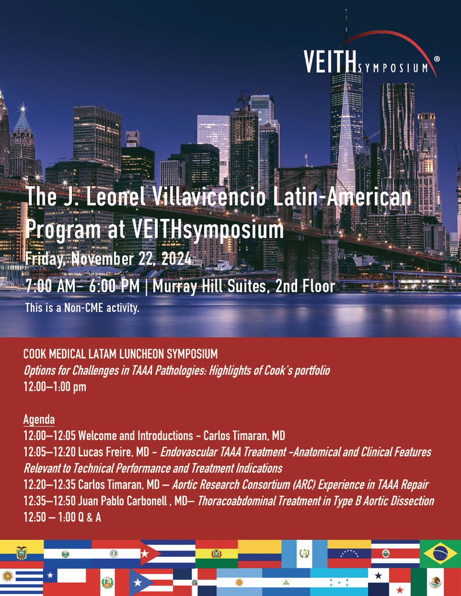 cookvascular's tweet photo. Today is the day! The Latin American Symposium at VEITHsymposium 2024 is here! Be sure to join our luncheon on “Options for Challenges in TAAA Pathologies: Options s for Challenges in TAAA Pathologies: Highlights of Cook’s portfolio.”

#VEITH2024 #FindCookRed https://t.co/zbUXtpiNx2